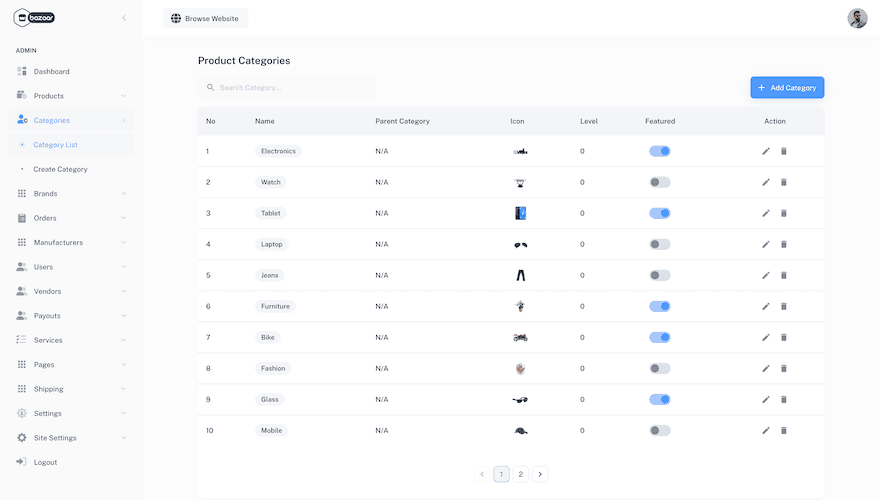 Bazaar admin dashboard demo preview